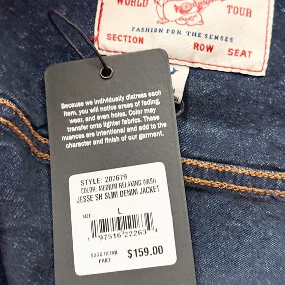 True Religion NWT Sz L  Medium  Wash Jesse Single Needle Slim Fit Denim Jacket - Picture 3 of 14